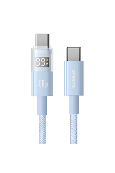 Baseus كابل أزرق بطول متر واحد، بقوة 100 واط، مزود بشاشة LED ومنفذ USB-C، متوافق مع أجهزة iPhone 17 و16 و15 Pro Max، وكابل USB من النوع C لأجهزة Macbook
