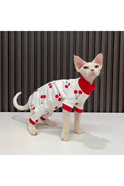 Choice ملابس قطط بدون شعر بطبعة كرز رباعية حمراء كرتونية، مقاس M، قطط سفينكس، ديفون، شاملة جميع الأقمشة، أكمام مقاومة للوبر
