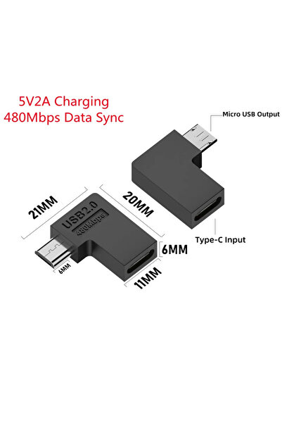 BSN 1pcs Left USB 2.0 Type-C Female to Micro-USB Male 90 Degree Left/Right Angle U Shape 5V2A Charging C