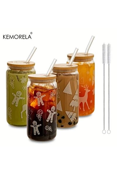 choice2 ٤٨٠ مل، ٤ قطع، كوب زجاجي لعيد الميلاد، كوب قهوة مع غطاء وماصة، كوب على شكل شجرة عيد الميلاد أو غزال