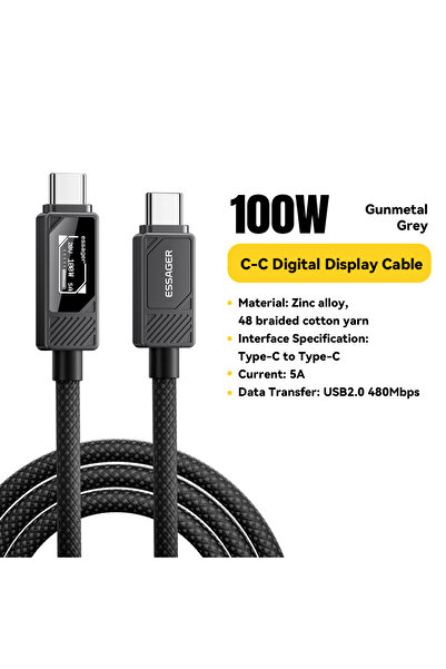 essager كابل شحن سريع PD أسود اللون، بطول متر واحد، بقدرة 100 واط، من النوع C...