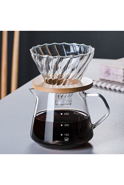 Choice طقم ماكينة تحضير القهوة بالتنقيط بسعة 600 مل مع فلتر شفاف، وحامل خشبي، وإبريق قهوة مع فلتر.