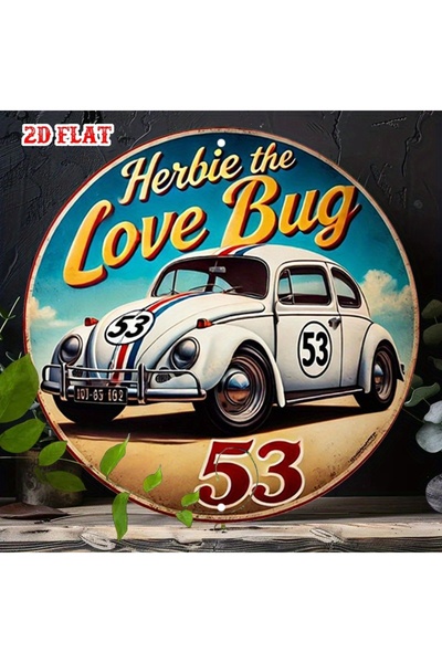 Miniso لوحة معدنية دائرية مسطحة ثنائية الأبعاد مقاس 20×20 سم، قطعة واحدة، هيربي ذا لوف باج - سيارة سباق كلاسيكية