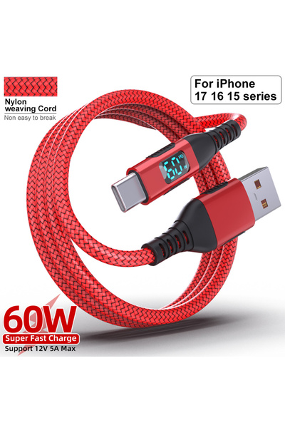 Choice سلك شحن سريع من النايلون الأحمر المضفر بطول 1 متر أو 2 متر أو 3 أمتار، من نوع USB-A إلى Type-C، بقدرة 3 أمبير كحد أقصى، مزود بشاشة LED.