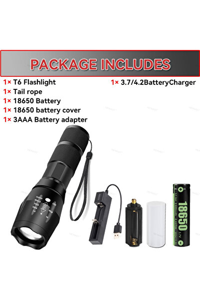 Heinast مصباح يدوي أسود T6 مع طقم شحن، عالي الطاقة، مزود بتقنية LED T6، مصباح تخييم، 5 أوضاع إضاءة، إضاءة قابلة للتكبير، مصنوع من الألومنيوم