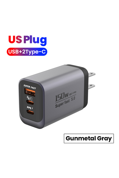 Choice شاحن جوال رمادي بثلاثة منافذ، بقوة 150 واط، من نوع USB-C، يدعم الشحن ف...