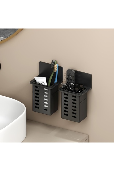 Choice صندوق تخزين جداري أسود اللون، مكون من قطعتين، لحفظ معجون الأسنان وفرشاة الأسنان، مناسب لأدوات الحمام.