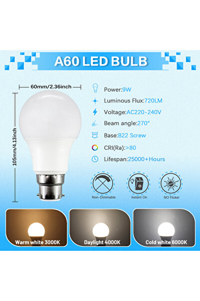 Choice مصابيح LED من نوع B22، تعمل بجهد 220-240 فولت تيار متردد، إضاءة طبيعية...