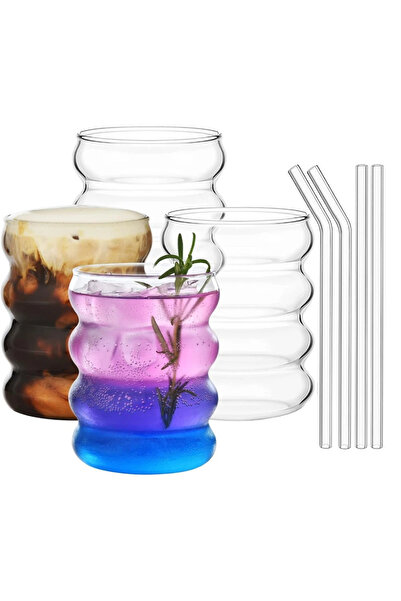 Choice طقم أكواب زجاجية شفافة مقاس واحد، 4 قطع، سعة 400/13 أونصة، بتصميم فقاعات مموجة، مناسب للمشروبات المثلجة والقهوة الأمريكية، خالٍ من مادة BPA.