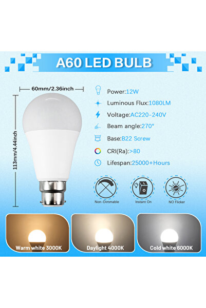 Choice مصابيح LED بيضاء باردة 6000 كلفن 12 واط، 4 قطع، تعمل بجهد 220-240 فولت...