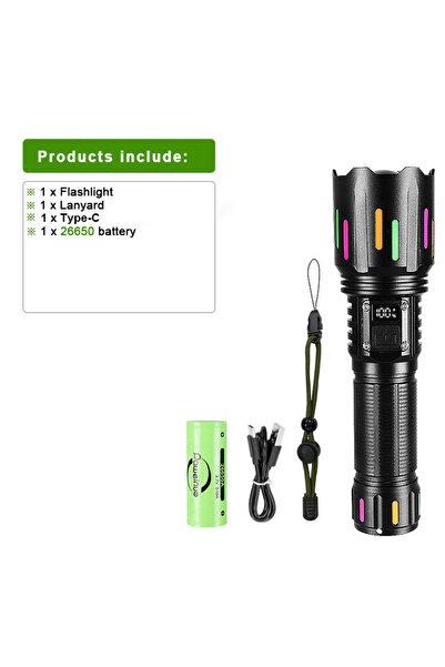 Choice مصباح يدوي فائق السطوع بقوة 800000000 لومن، مزود ببطارية D-26650، قابل لإعادة الشحن، مزود بمصباح LED تكتيكي قابل للتكبير.