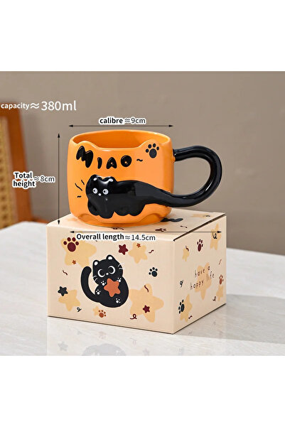 Choice كوب برتقالي قابل للتكديس بسعة 301-400 مل، بتصميم قطة لطيف على شكل كرتون، مثالي للقهوة والشاي.