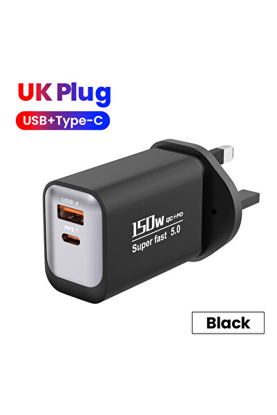 Choice شاحن هاتف محمول أسود اللون بمنفذين، بقوة 150 واط، من نوع USB-C، يدعم ا...