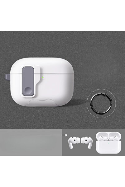 Choice جراب أبيض لسماعات AirPods Pro 3 (موديل 2025) مزود بقفل مغناطيسي تلقائي وحامل للهاتف.