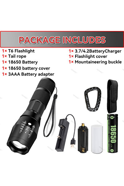 Heinast مصباح يدوي أسود T6 مع مجموعة أدوات خارجية، مصباح LED عالي الطاقة T6، مصباح تخييم، 5 أوضاع إضاءة، ضوء تكبير/تصغير، مصنوع من الألومنيوم