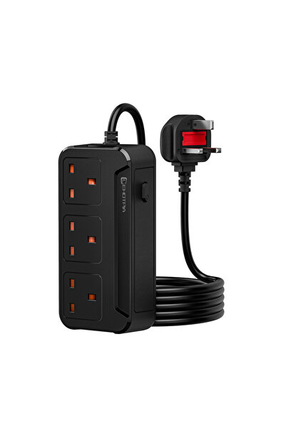 Choice قابس بريطاني أسود بدون منفذ USB، 2500 واط، مقبس متعدد المنافذ، سلك تمديد كهربائي، شريط طاقة