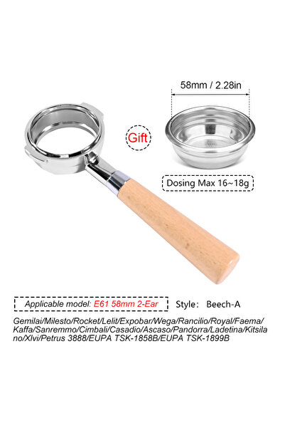 Choice7 E61 58MM-Beech-A 58MM 2 Ears Coffee Bottomless Portafilter Naked For ...