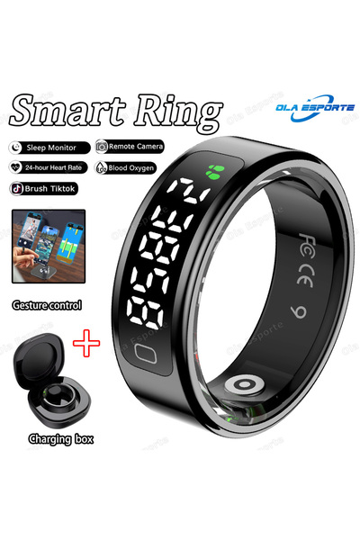 Choice خاتم ذكي أسود مقاس 13 بوصة مع علبة شحن، مقاوم للماء حتى عمق 50 مترًا، يقيس نسبة الأكسجين في الدم ومعدل ضربات القلب، ويراقب صحة النوم.