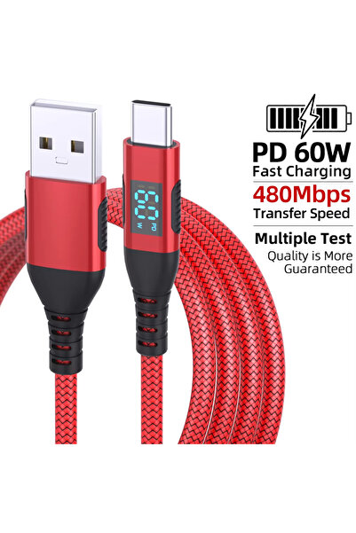 Choice كابل شحن سريع USB-A إلى Type-C أحمر بطول 1 متر وقوة 60 واط، مزود بشاشة...