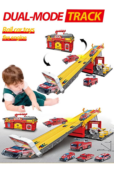 Generic Alloy car models, storage and catapult racing track parking lot, foldable track racing toy truck set