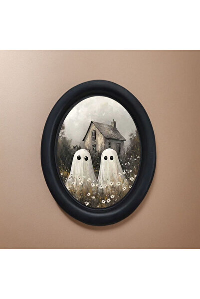 Choice لوحة جدارية خشبية بيضاوية الشكل مصنوعة يدويًا، سوداء اللون، بتصميم عتيق لعيد الهالوين، تصور شبحين في منزل ريفي
