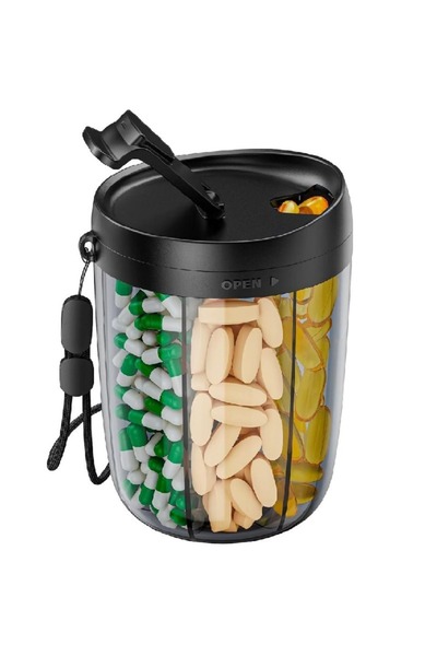 Choice علبة توزيع حبوب سوداء بستة أقسام، فتحة واسعة، مصنوعة من البلاستيك، بتص...