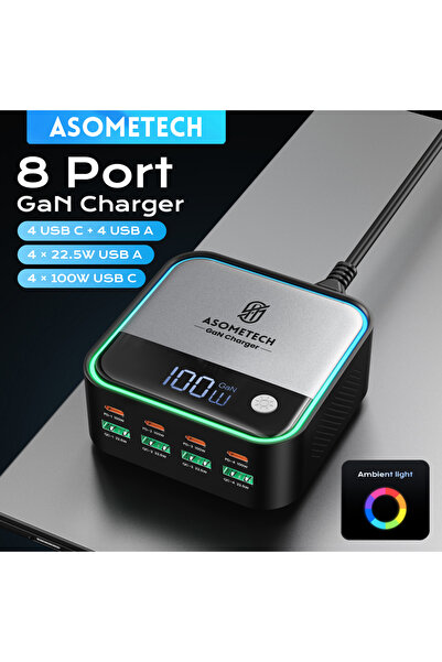 Choice شاحن مكتبي صغير بثمانية منافذ بتقنية GaN ومقبس أوروبي، مزود بإضاءة محيطية وشاشة عرض، يدعم الشحن السريع PD وPPS بقدرة 100 واط لكل منهما.