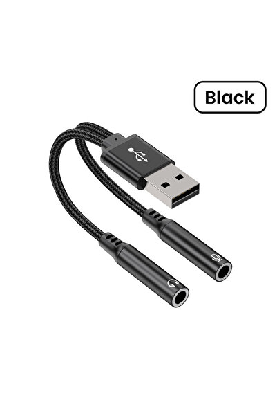 Choice كابل صوت أسود من نوع USB-A إلى مقبسين 3.5 ملم، مزود بشريحة DCA، للاستم...