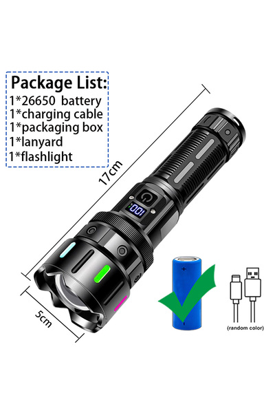 Choice مصباح يدوي LED فائق السطوع قابل لإعادة الشحن من كينسون، أسود اللون، مزود ببطارية 26650، عالي الطاقة