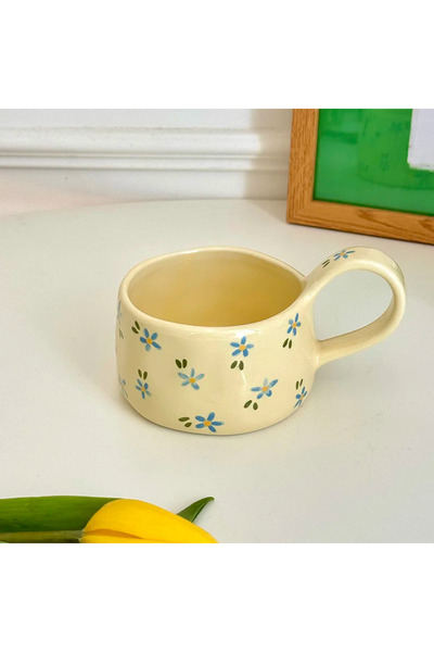 Choice كوب سيراميك أزرق مزهر، سعة 201-300 مل، لون أصفر كريمي، بنمط زهور كوري ...