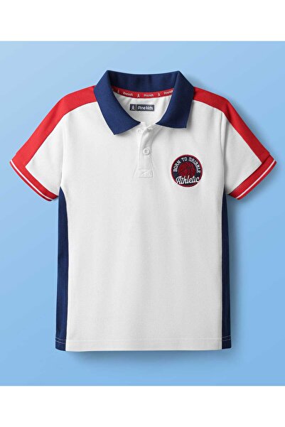 Pine kids قميص بولو أبيض بنصف كم من القطن المحبوك مع تفاصيل رقعة