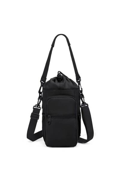 Choice حقيبة زجاجة ماء محمولة سوداء اللون مزودة بحزام قابل للتعديل، وغطاء عازل حراري للهاتف.