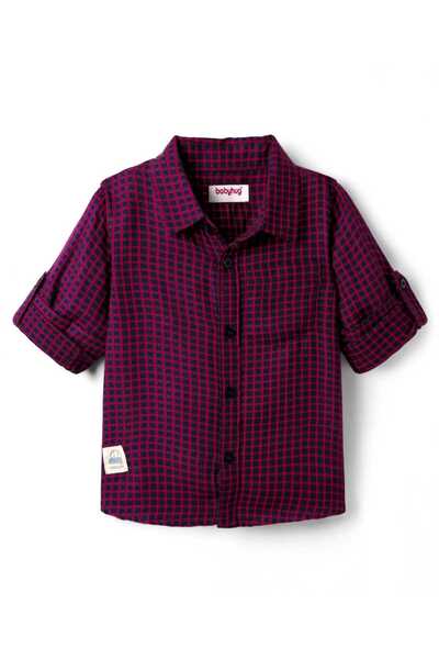 Babyhug 100% Cotton Full Sleeves Checks Shirt With Patch Detailing - Maroon