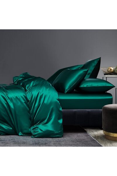 OEM Husă pilotă 220x240 cm Lenjerie de pat satinată verde închis cu fermoar + 2 fețe de pernă 65x65 cm
