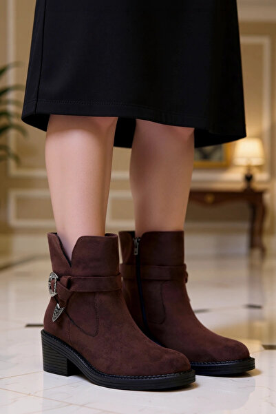 BENERLY Cizme de damă din piele întoarsă cu toc bloc și cataramă metalică, fu...