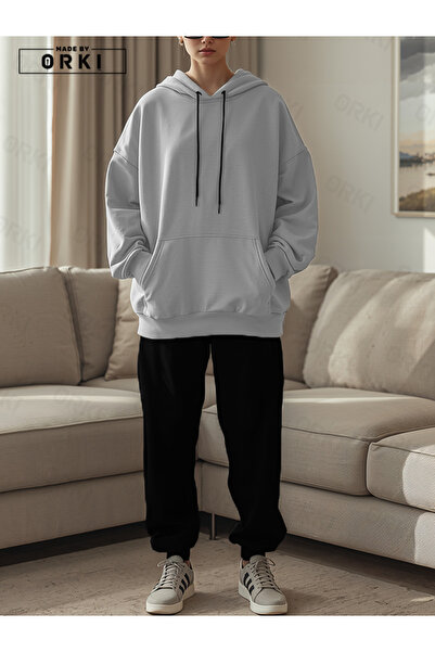 EFFRENATU Unisex Γκρι Oversize Φούτερ με κουκούλα & Μαύρο Σετ Φόρμας Jogger