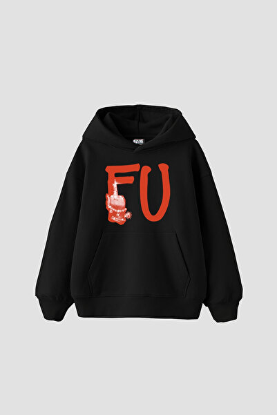 Bak Moda ΦΟΥ. με τύπωμα oversized Unisex Μαύρο φούτερ με κουκούλα