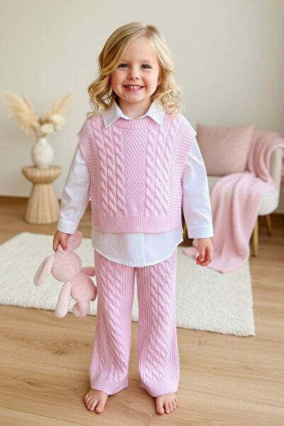 Minigimin Cicileri My Little One's 3-Piece Knitwear Set with Ribbed Stripe De...