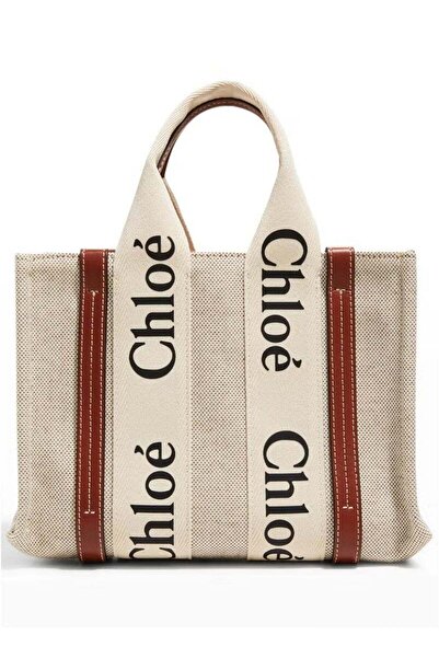 CHLOE Woody Small Women Tote Bag in Linen - White-Brown