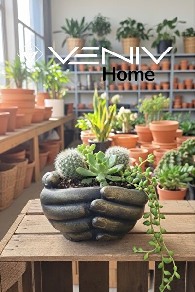 VENİV Dekoratif Beton Saksı El Yapımı Nostalji Eskitme - Gold Detaylı - 20 cm