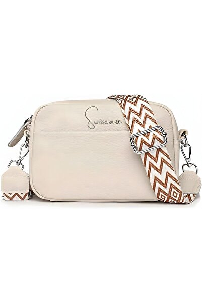 VOYON حقيبة كروسبودي جلدية من سويس كيس، بحزام شيفرون، لون بيج، مزودة بسحاب عل...