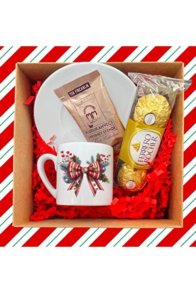 NUNUKİ Yılbaşı Temalı Fiyonklu Türk Kahvesi Fincanı Kırmızı Hediye Seti Chris...