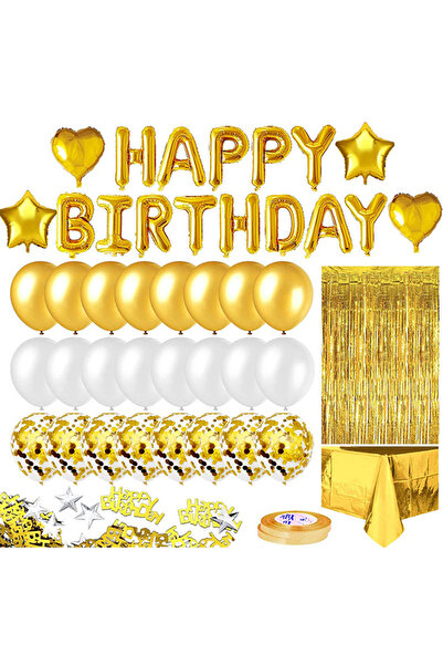 Generic Gold White Balloon Happy Birthday Aluminum Foil Banner Foil Balloon Fringe Curtain Tablecloth