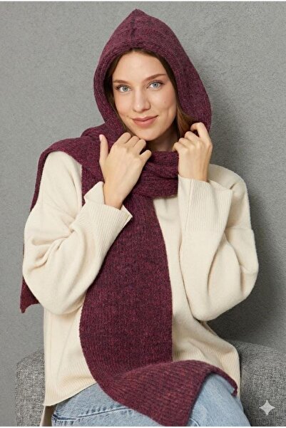 Irmak Kerekli Women's Soft Textured Hooded Scarf Thessaloniki Knitted Hooded Shawl 13038 Burgundy