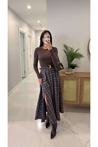 BİRCANÇİL تنورة لوميا ذات اللون البني والأزرق ذات الأحزمة المربعة