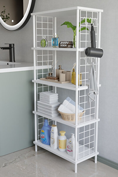 BARIN DESIGN 5 Katlı Çevir Kur Beyaz Metal Telli Banyo Rafı |Çok Amaçlı Düzenleyici, Organizer Stand Banyo Dolabı