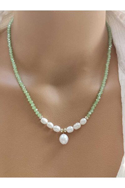 elinasaccessories Gerçek İnci ve Mint Yeşili Kristal Kolye Orijinal doğal taş...