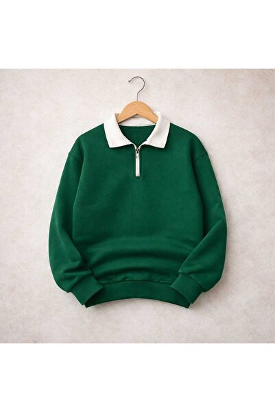 BRLKN Unisex White Collar Half Zipper Sweatshirt