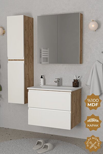 TETA HOME Granada 65 cm MDF Gövde Membran Kapak Banyo Dolabı Seti + Boy Dolabı