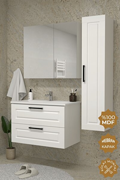 Savora 65 cm MDF Gövde Membran Kapak Banyo Dolabı Seti + Boy Dolabı